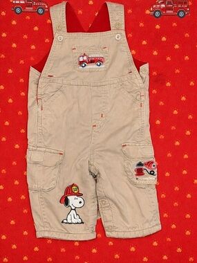 Upcycle Fleece khaki Snoopy Firefighter Overalls for Kids